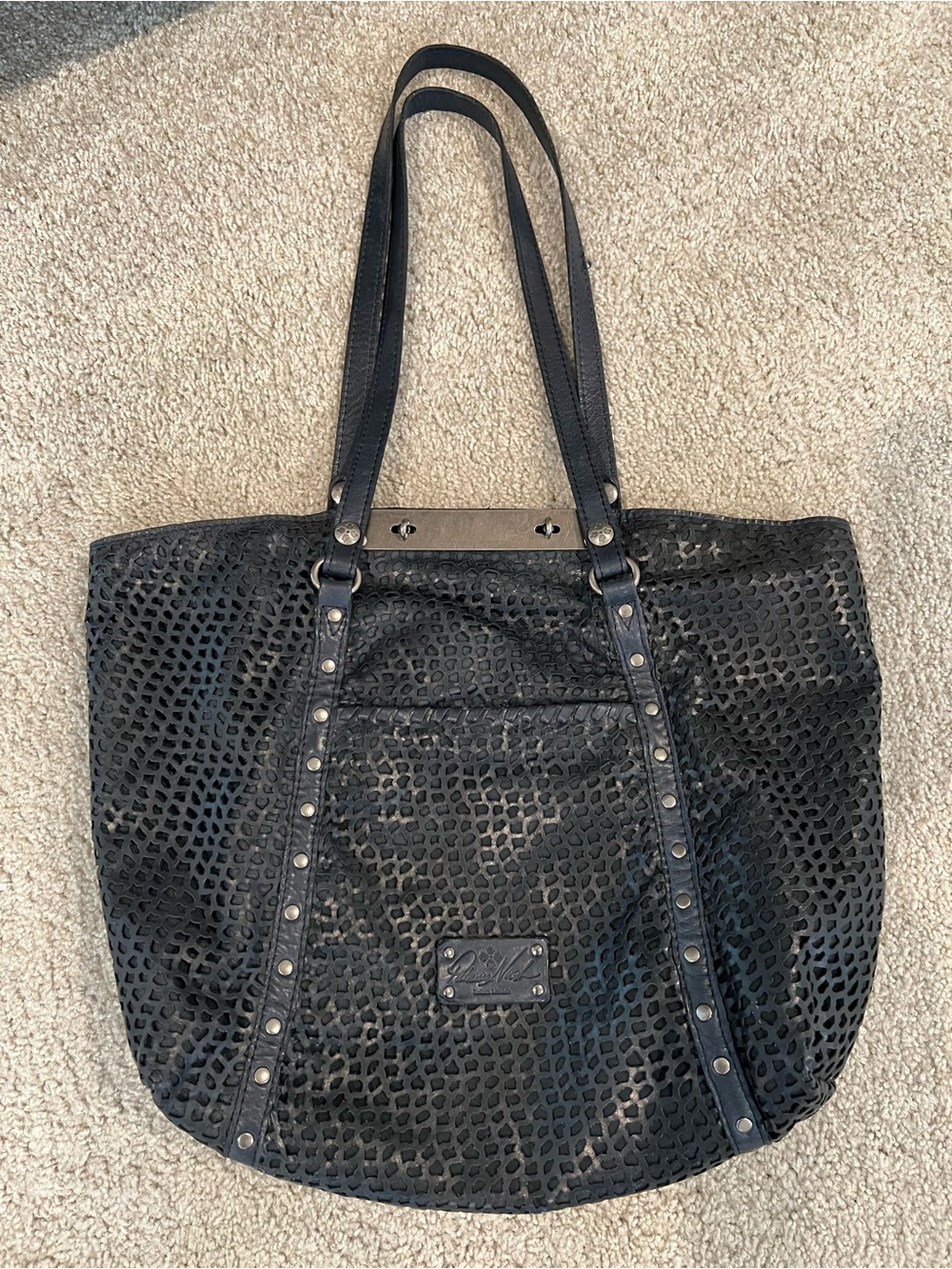 Patricia Nash Benvenuto 100% Italian Leather Tote Bag Navy Blue